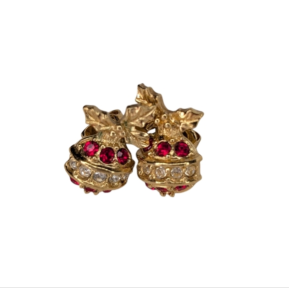 CHRISTMAS Sparkling Ornaments Post Earrings Vintage Retro Red Gold - Picture 2 of 9